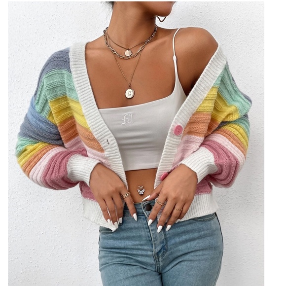 Rainbow Colors Fun Knit Cardigan Sweater Button Front V-Neck - Picture 6 of 10